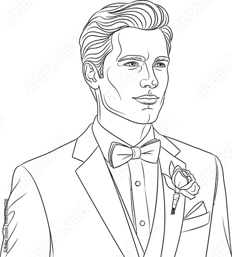 Elegant groom in a tuxedo with a bow tie and boutonniere line art drawing
