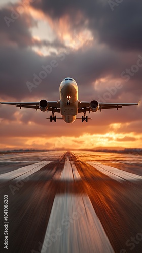 Airplane Taking Off at Sunset Dramatic Sky and Blurred Runway