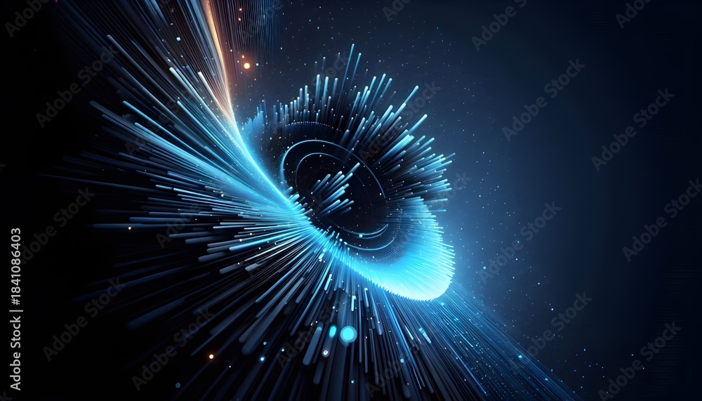 Obraz premium Futuristic spiral energy field with blue light beams converging in cosmic space. AI Generated, Generative AI