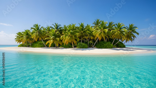 Fototapeta Naklejka Na Ścianę i Meble -  Lush Tropical Island with White Sand Beach and Abundant Palm Trees Over Crystal Clear Turquoise Water