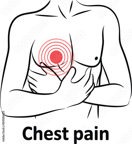 Outline drawing of a person experiencing sharp chest pain, heart attack or health problem, medical illustration