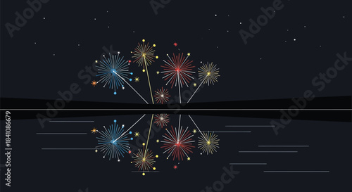 Colorful fireworks reflecting on water against a dark night sky background