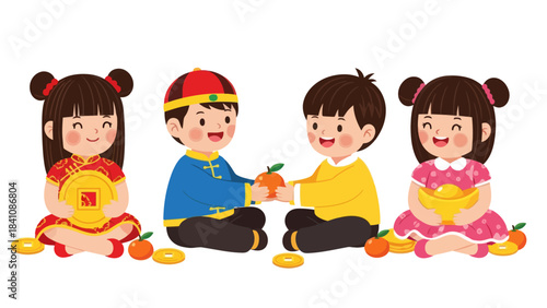 Children Celebrating Lunar New Year with Traditional Clothing and Gifts