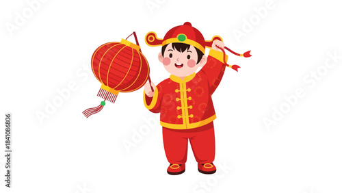 Cute animated child dressed in traditional Chinese costume holding lanterns