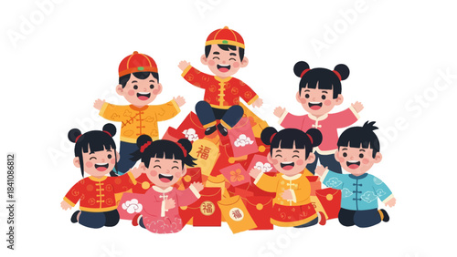 Celebrating traditional cultural festival with joyful children wearing