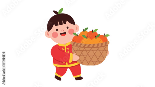 Cute cartoon boy in traditional attire holding a basket of fresh oranges