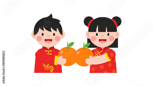 Joyful children exchanging bright orange mandarins in festive attire with