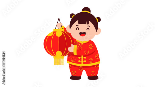 Adorable cartoon child in traditional Chinese attire celebrating with red