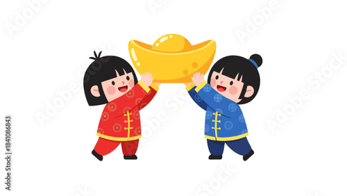 Two animated children celebrating with a large gold ingot symbolizing