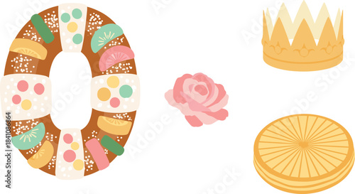 Traditional king cake with crown and rose for epiphany celebration