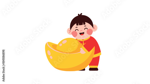Joyful child in vibrant traditional attire hugging a large gold ingot
