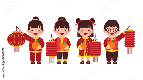 Joyful children celebrating Chinese New Year with lanterns and traditional