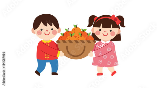 Cute children holding a basket of fresh oranges smiling happily cheerful