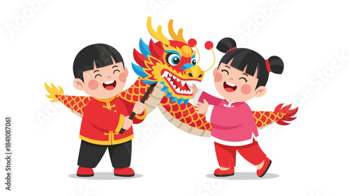 Children Playing with a Colorful Chinese Dragon Puppet in Festive Celebration