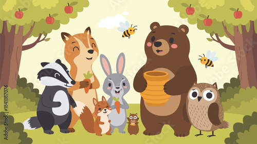 A cheerful group of cartoon forest animals gathered happily together in a bright, sunlit woodland clearing