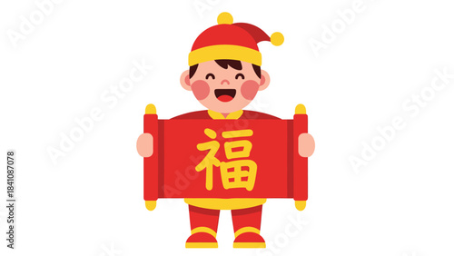 Celebratory Chinese New Year Child Holding Red Banner with Blessing Character