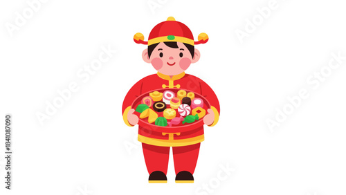 Festive Asian Child in Traditional Costume Holding Assorted Seasonal Sweets