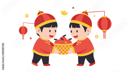 Festive children exchanging red envelopes during traditional celebration