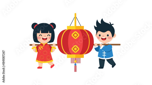 Cute children joyfully holding a traditional Chinese red lantern celebrating