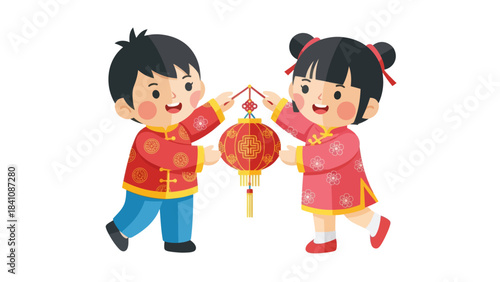 Happy children celebrating traditional Chinese festival with lanterns and