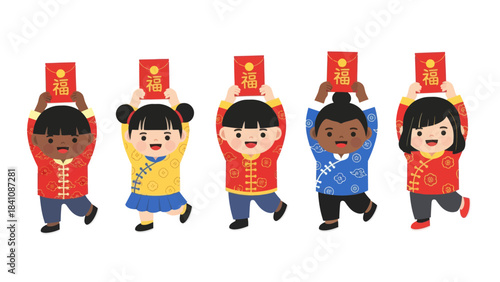 Joyful children celebrating Lunar New Year holding red envelopes with