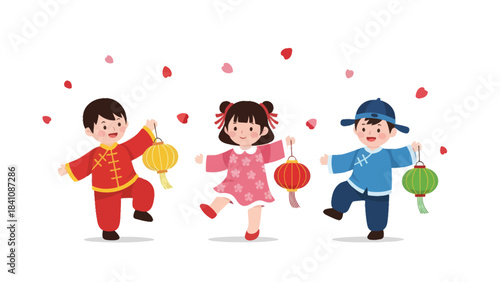 Children Celebrating with Lanterns and Falling Flower Petals in Festive Attire