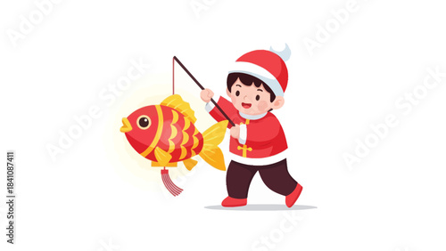 Festive Child in Santa Outfit Holding a Colorful Fish Toy for Holiday