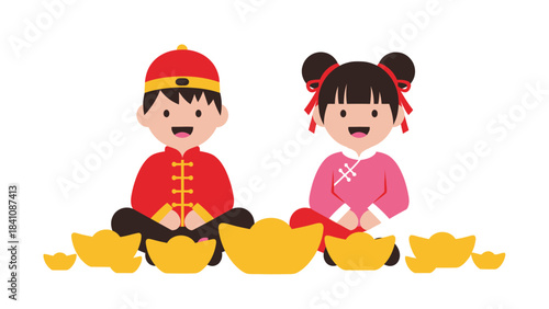 Joyful children celebrating traditional Asian festival with gold ingots
