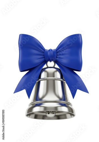 Meticulously rendered highly polished silver christmas jingle bell and royal blue satin bow, macro studio shot isolated on a transparent background. Concept for luxury holiday advertising