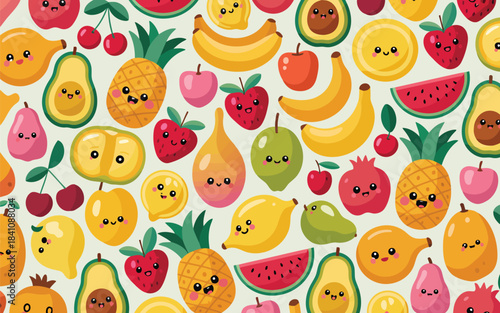 An endearing seamless pattern displays an assortment of cute smiling fruits on a soft cream background