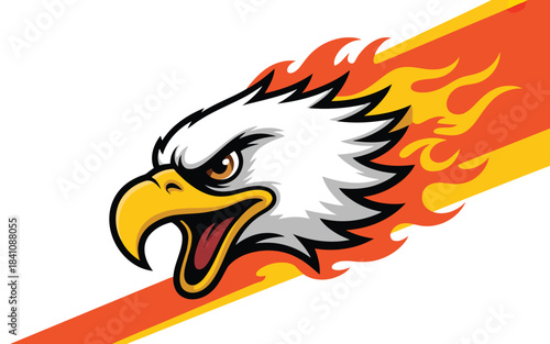 Bold bald eagle head with blazing flames and energetic diagonal orange and yellow stripes