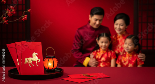 Chinese New Year red envelopes with gold horse design on table with happy family in background