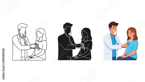 Doctor examining pregnant woman with stethoscope, medical checkup illustration set