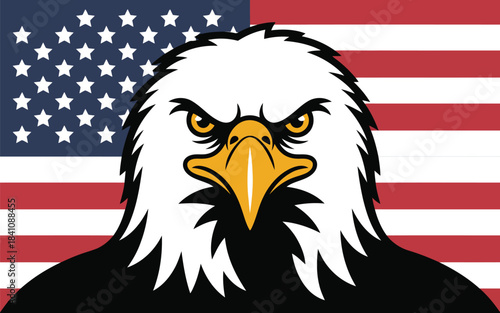 Intense bald eagle portrait with a serious gaze in front of the American flag design