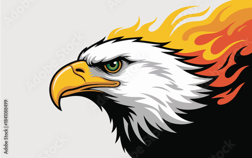 Majestic bald eagle head with elegant green eyes and fiery orange flames against a split background