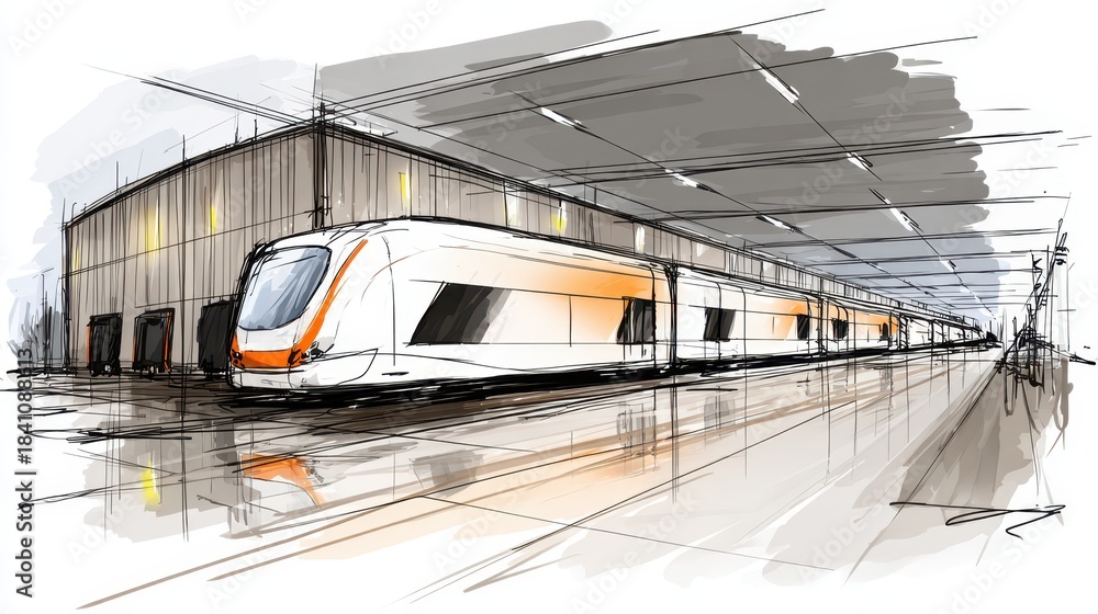 Fototapeta premium Modern Train at Station in Artistic Perspective View with White and Orange Color Scheme