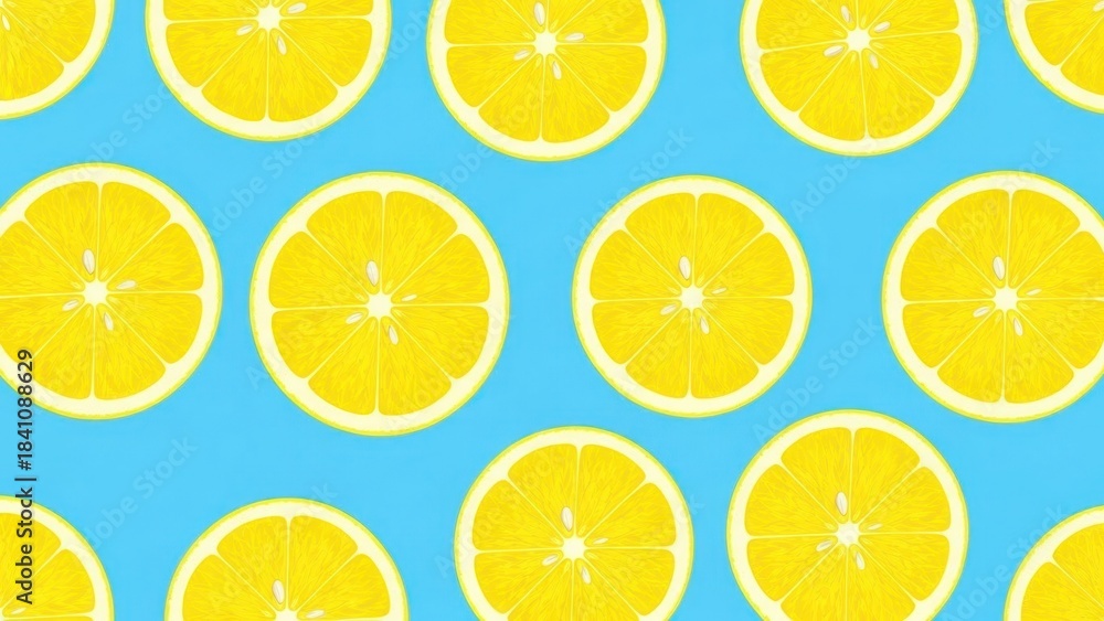 Fototapeta premium Bright yellow lemon slices pattern on a vibrant blue background.