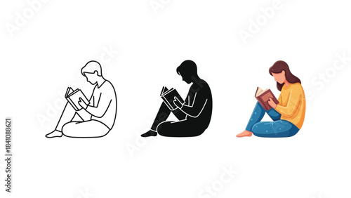 Set of three illustrations of a person sitting and reading a book line art, silhouette and full color drawing
