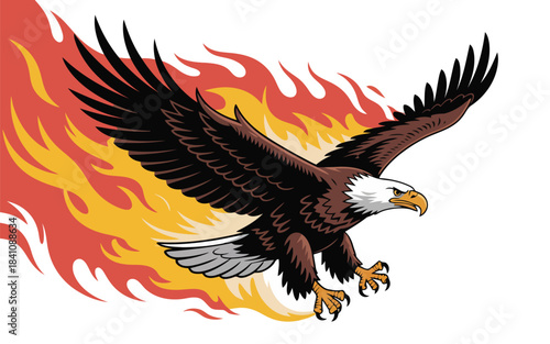 Powerful bald eagle in flight with wings wide open glides across a striking background of fiery orange flames