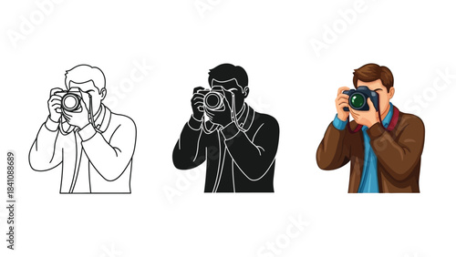 Photographer taking a picture with a camera, set of three styles outline, silhouette and full color illustration