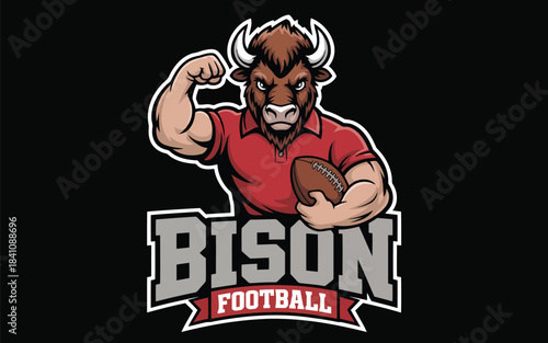 Powerful bison mascot flexing a strong arm while holding a football on a dark background