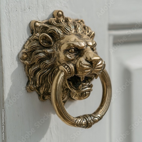 An ornate lion head knocker on a wooden door creating a regal entrance.