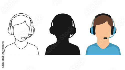 Customer support agent icons set outline, silhouette and full color illustration of person with headset and microphone