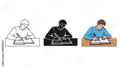 Set of three illustrations showing a young man writing in a book, including line art, silhouette and full color versions