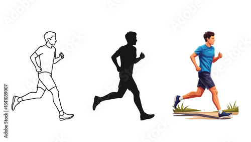 Set of three illustrations showing a man running line art, silhouette and fullcolor realistic drawing a ground surface