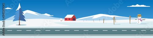 Landscape banner of long stretch of asphalt road. Snow covered hills. Snowman at the entrance to the house and wooden fence with red house. Under clear sky. Clean and empty space background.