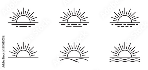Set of outline sun and sea icons, sunrise and sunset line symbols, summer sunrise logo, creative sun vector