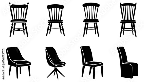 Chair silhouette icon set featuring traditional wooden and modern upholstered designs, black and white furniture illustration