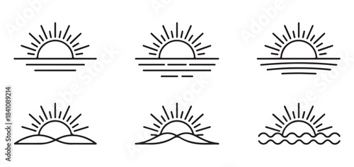 Set of outline sun and sea icons, sunrise and sunset symbols, summer sunrise logo, creative sun vector art