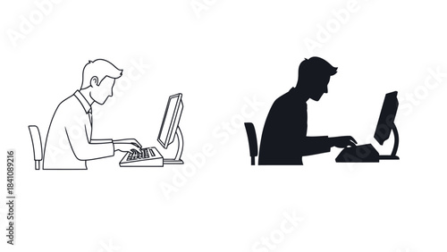 Three styles of a person working a computer outline, silhouette and full color illustration
